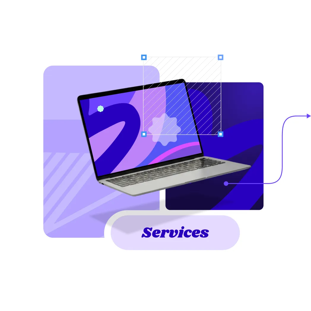 Illustration avec un laptop avec des formes abstraites violettes et le mot "services"