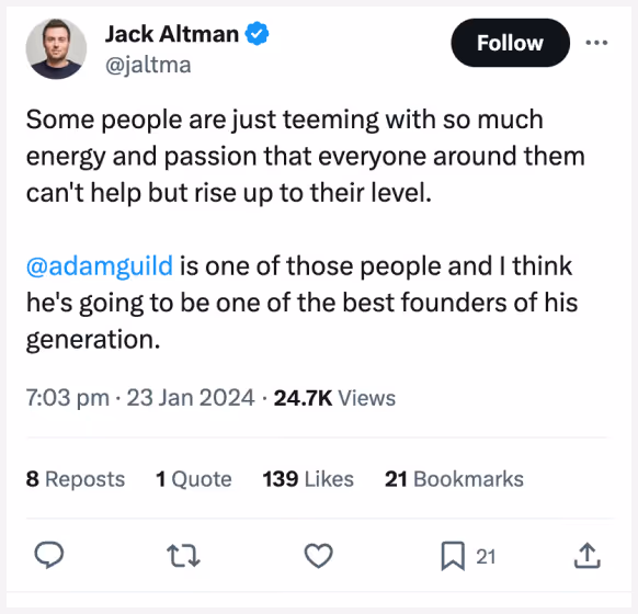Tweet by Jack Altman praising @adamguild as a passionate person and one of the best founders of his generation, posted January 23, 2024.