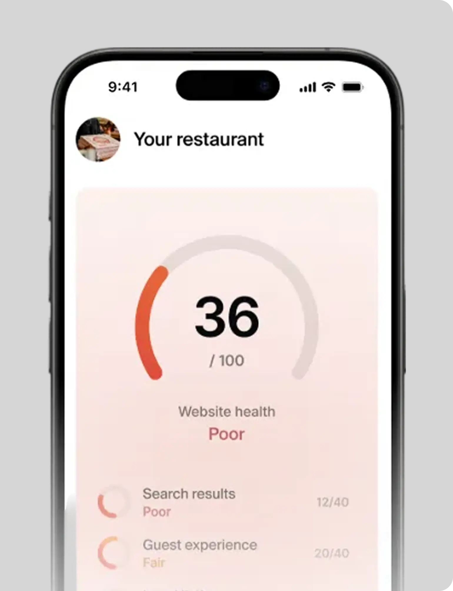 Mobile screen showing website health score of 36 out of 100, rated Poor, with poor search results and fair guest experience scores.