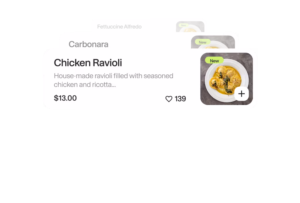 Stacked cards of pasta dishes with a focus on Chicken Ravioli priced $13.00, showing a plate of ravioli with sauce and garnishes, labeled New with 139 likes.