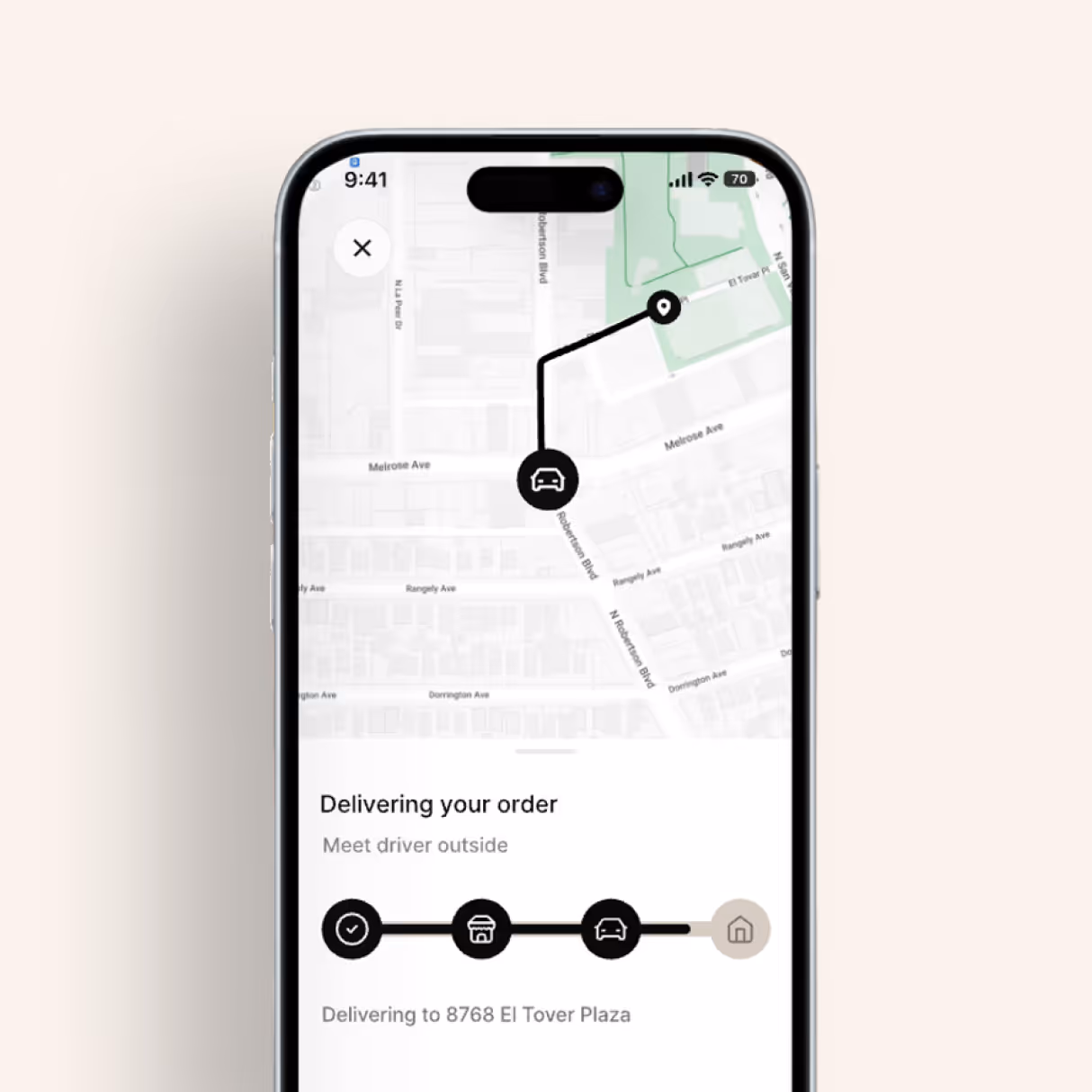 Smartphone screen showing a delivery tracking map with route and status updates, delivering to 8768 El Tower Plaza.