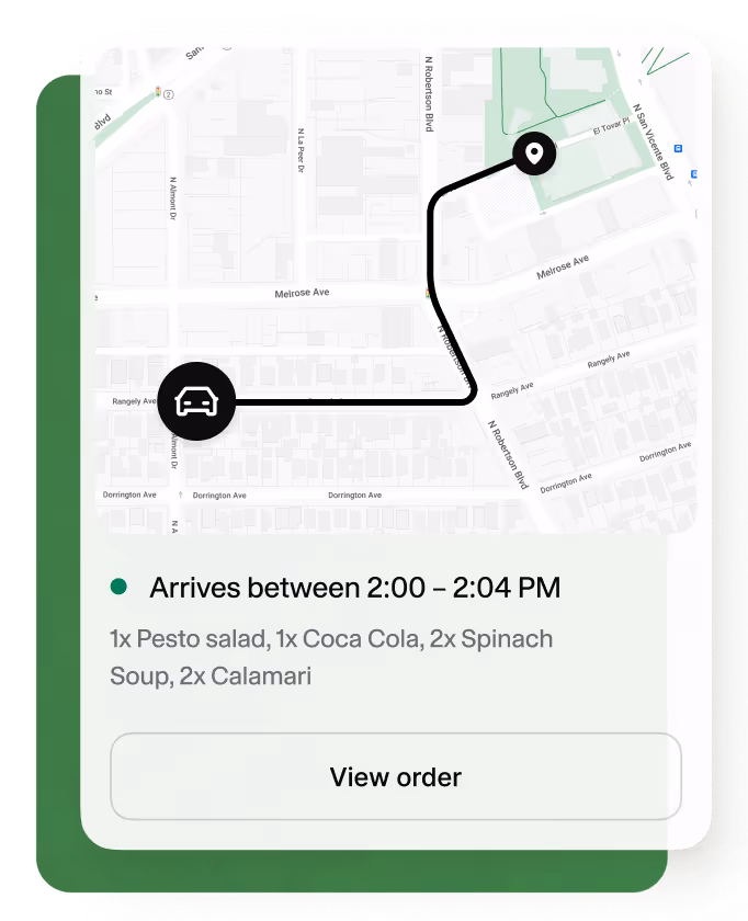 Delivery tracking map showing route from car icon to location marker on city streets with estimated arrival time between 2:00 – 2:04 PM and order details including pesto salad, Coca Cola, spinach soup, and calamari.