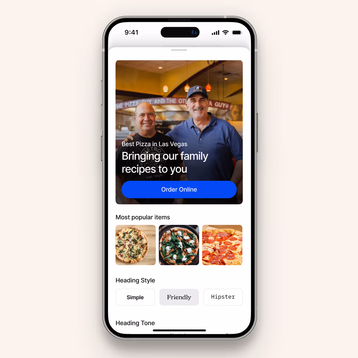 Mobile phone screen displaying a pizza ordering app with two men smiling in a restaurant background and options for popular pizzas and heading styles.