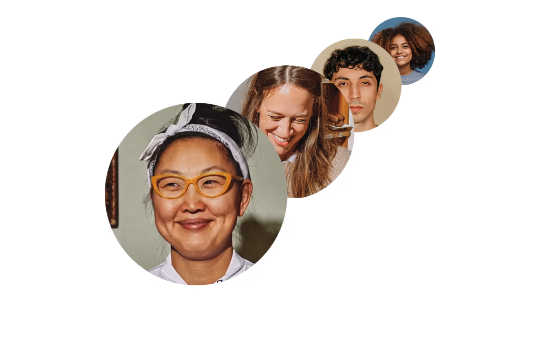 Four diverse smiling faces in overlapping circles, arranged from largest to smallest.