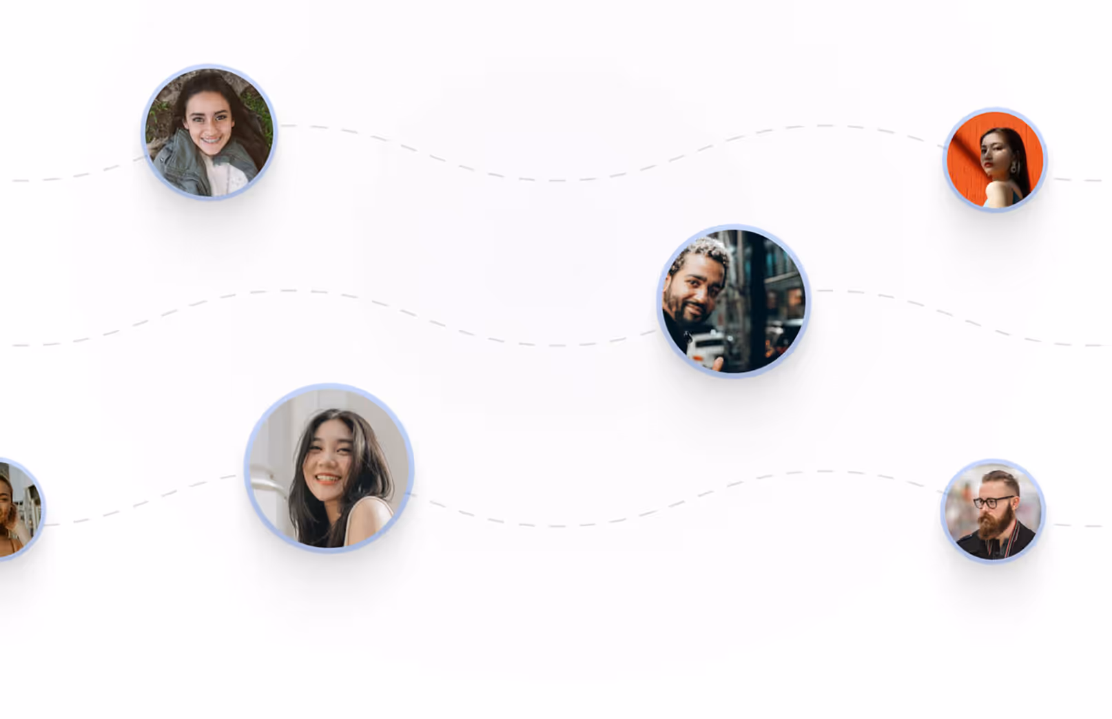 Collage of six diverse people shown in circular frames connected by dashed lines on a white background.