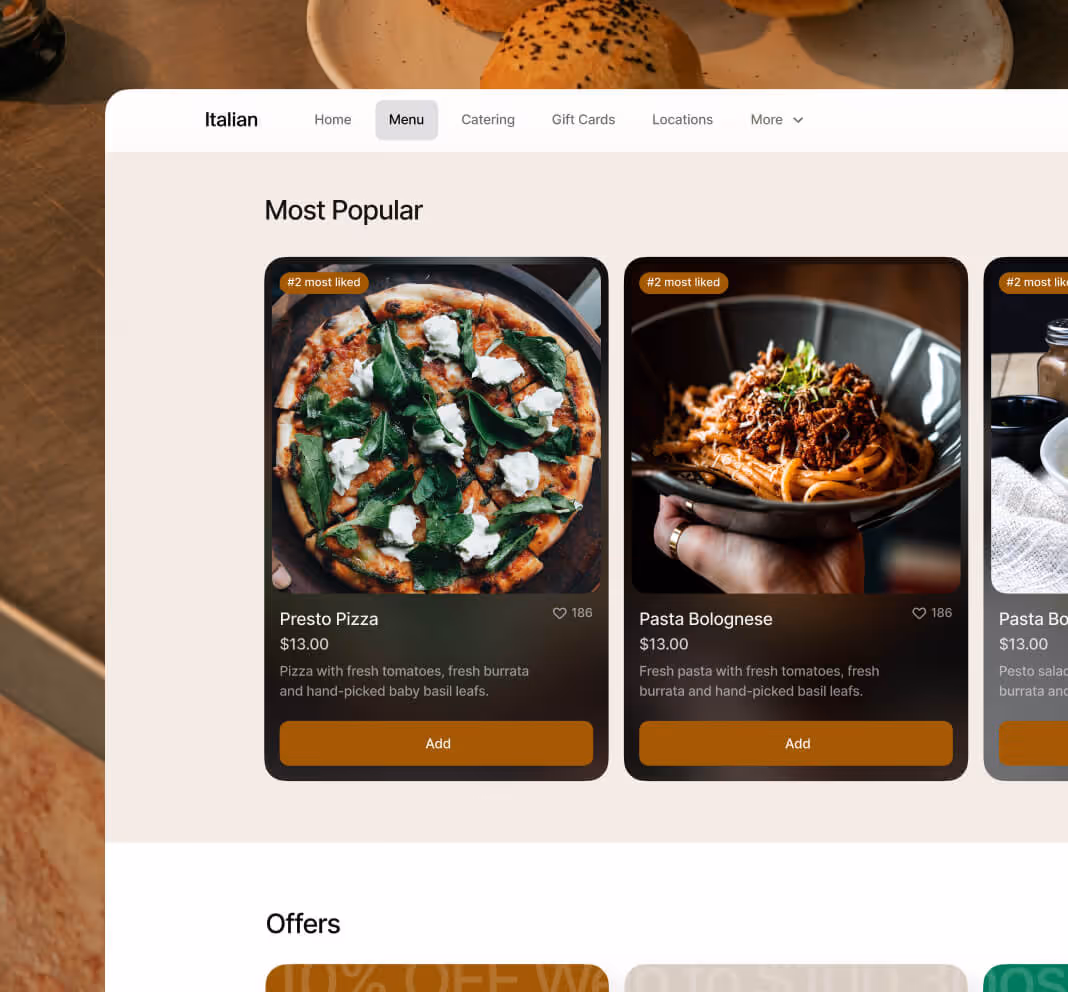 Italian restaurant menu interface showing most popular dishes with Presto Pizza and Pasta Bolognese featuring fresh tomatoes, burrata, and basil.