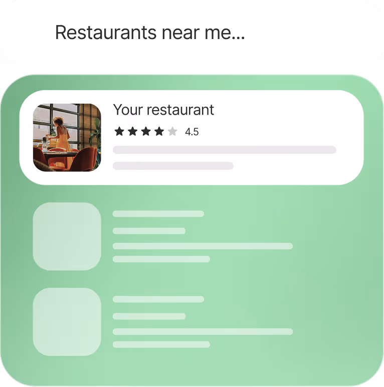 Search bar with text 'Restaurants near me' and a restaurant listing showing a photo of a woman inside a restaurant, the name 'Your restaurant', a 4.5-star rating, and placeholder text for additional details.