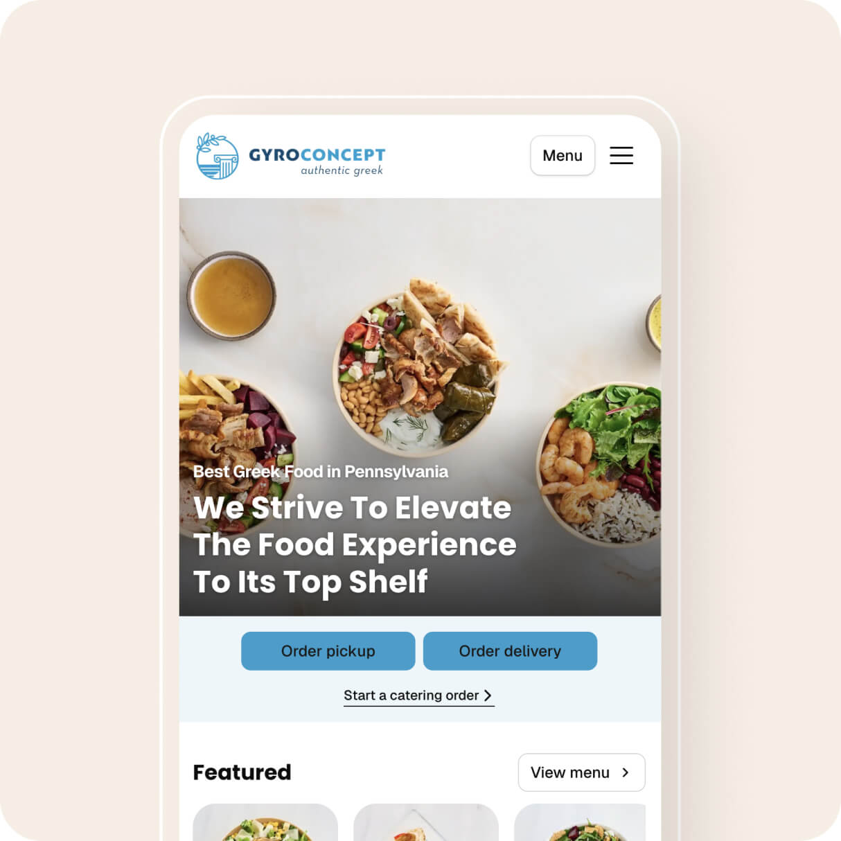 Mobile screen showing GyroConcept restaurant website with bowls of Greek food and options to order pickup or delivery.