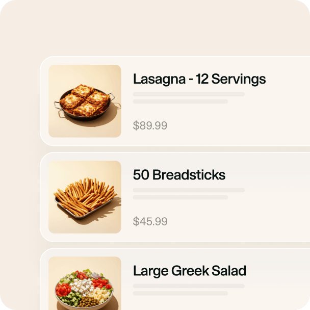 Catering menu showing lasagna for 12 servings, 50 breadsticks, and a large Greek salad with prices.