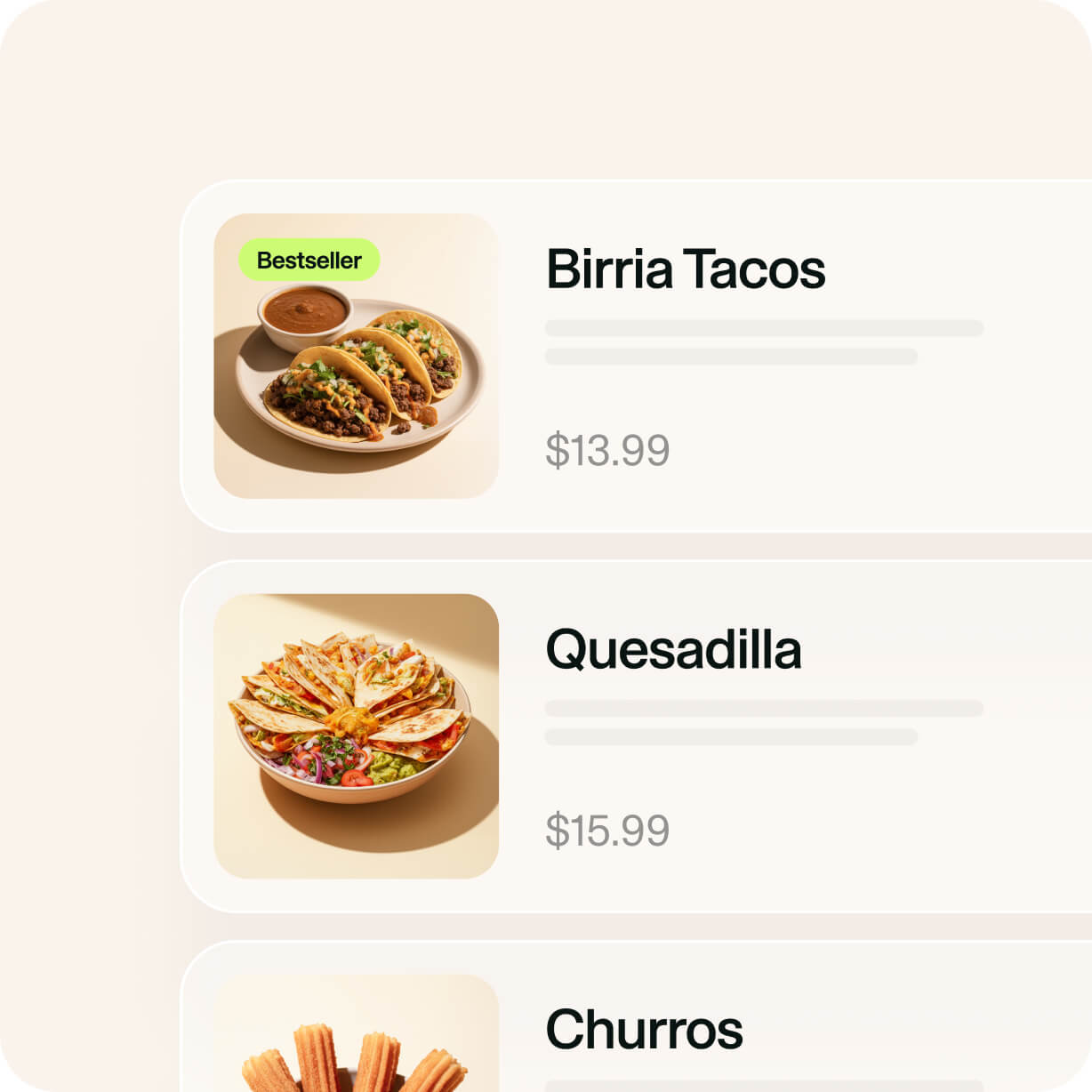 Menu items with images and prices: Birria Tacos with a bowl of sauce labeled bestseller for $13.99, Quesadilla with garnishes for $15.99, and partially visible churros below.