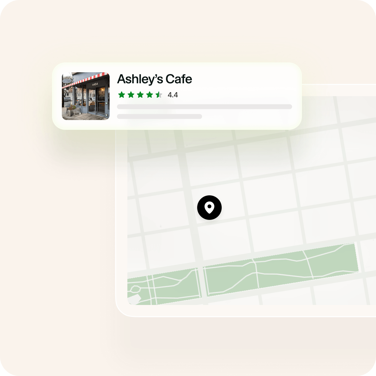 Map with location marker and information card showing Ashley’s Cafe with a photo, 4.4-star rating, and green stars.