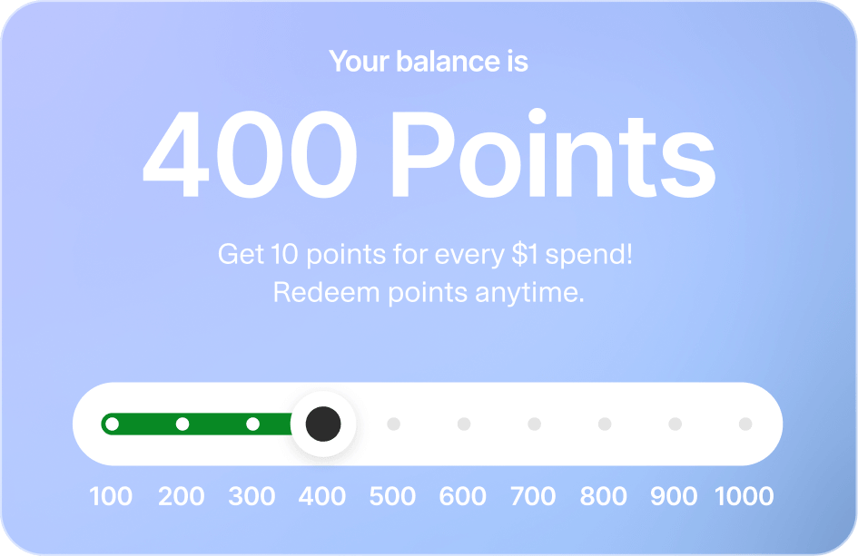 Digital reward points balance showing 400 points with a progress bar indicating progress from 100 to 400 points, on a light blue background.