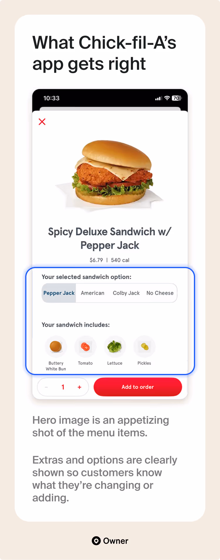 Chick-fil-A app customization screen with high-quality food photography. Text praises clear hero images and intuitive option selections.