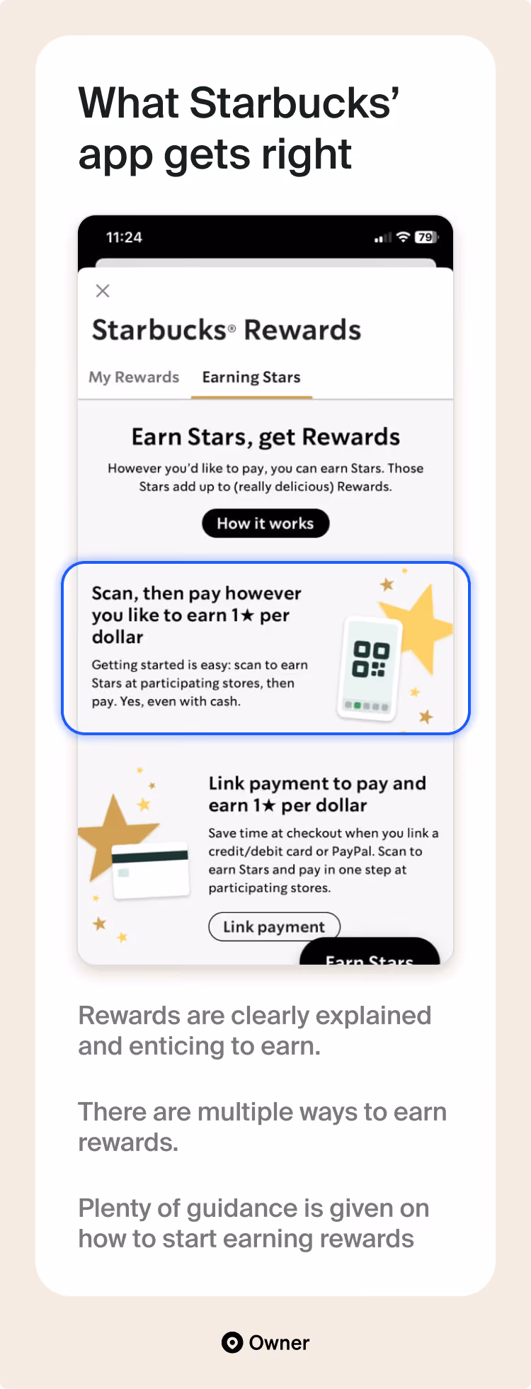 Starbucks Rewards screen showing how to earn stars. Text highlights clearly explained rewards and multiple ways to earn them.