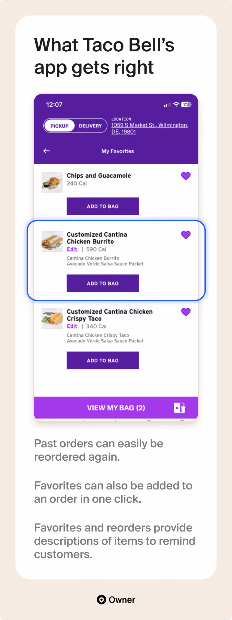 Taco Bell app screenshot showing a 'My Favorites' list alongside text praising its easy reordering, one-click additions, and clear item descriptions.