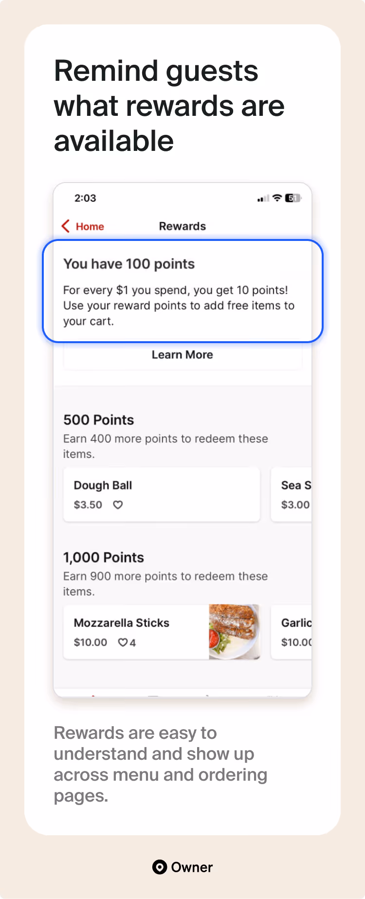 Mobile app Rewards screen showing points balance and redemption levels