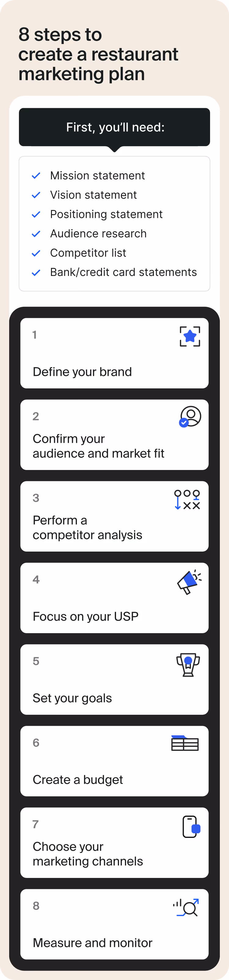 8 steps to create a marketing plan for a restaurant.