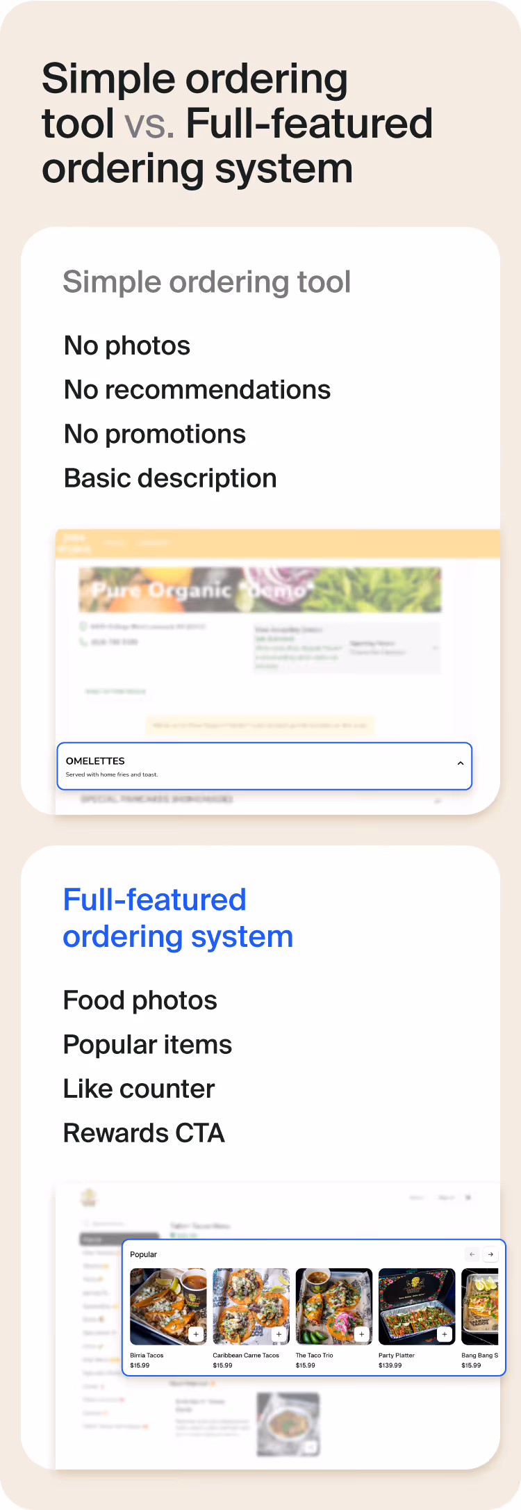 Simple ordering tool vs full-featured ordering system.