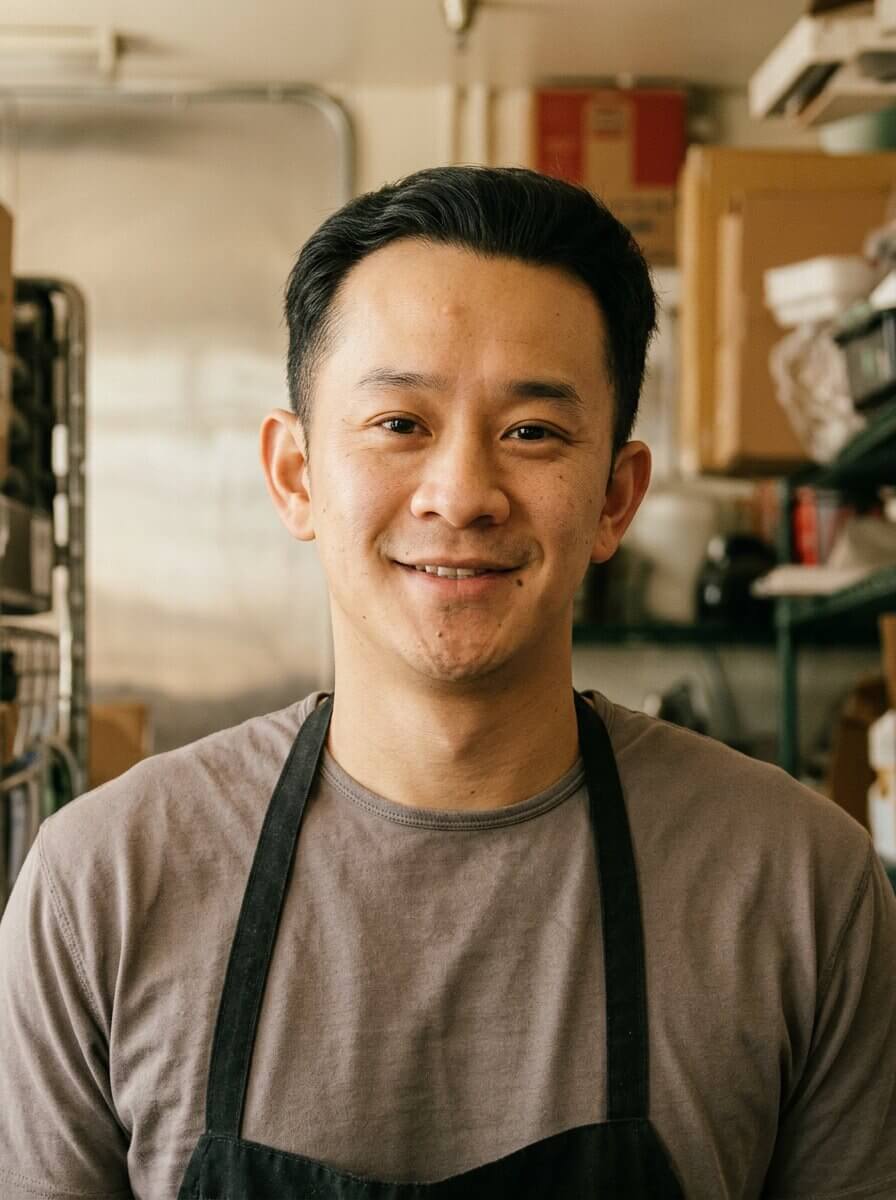 Smiling male chef wearing a gray shirt and black apron in a kitchen with shelves and boxes behind.