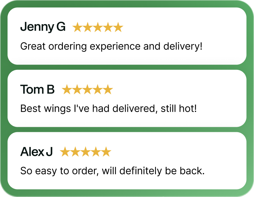 Customer reviews with five-star ratings: Jenny G praises great ordering experience and delivery, Tom B calls the wings the best delivered and still hot, Alex J finds ordering easy and will return.