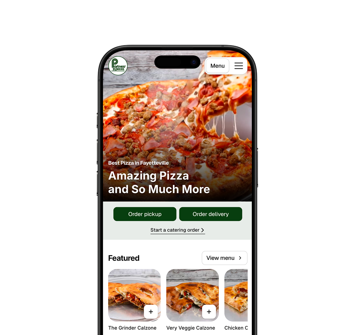 Mobile phone screen showing a pizza restaurant's online ordering page with a large pepperoni and sausage pizza image, options for order pickup or delivery, and featured calzone menu items.