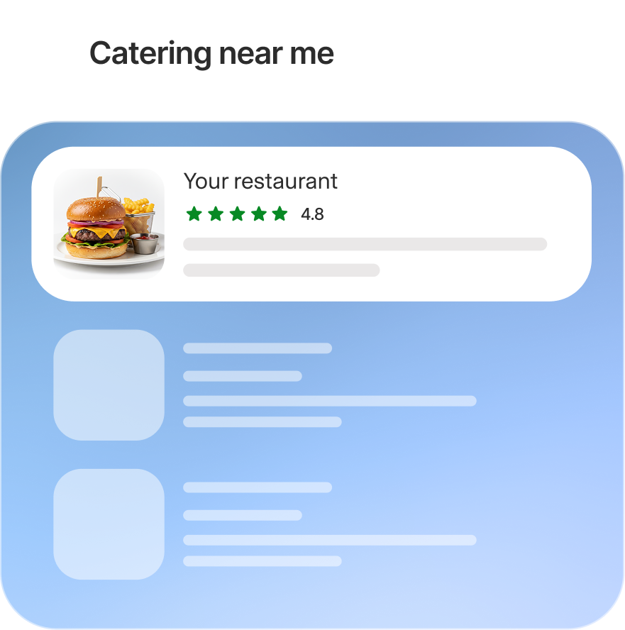 User interface showing a catering search result with a burger, fries, and ketchup image, restaurant name, and a 4.8 star rating.