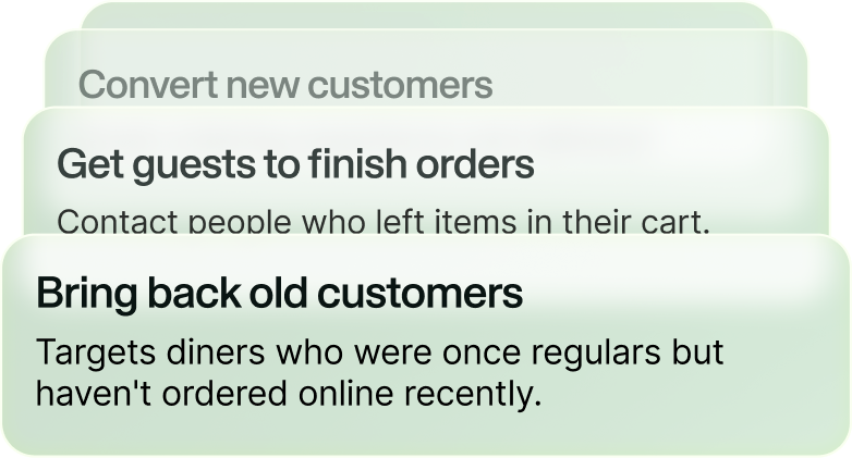 Stacked green cards with text: Convert new customers, Get guests to finish orders by contacting people who left items in their cart, and Bring back old customers by targeting diners who haven't ordered online recently.