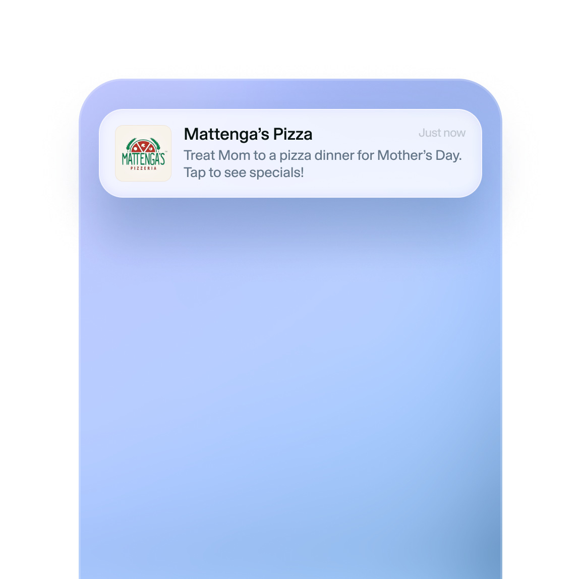Push notification from Mattenga’s Pizza promoting a Mother’s Day pizza dinner special.