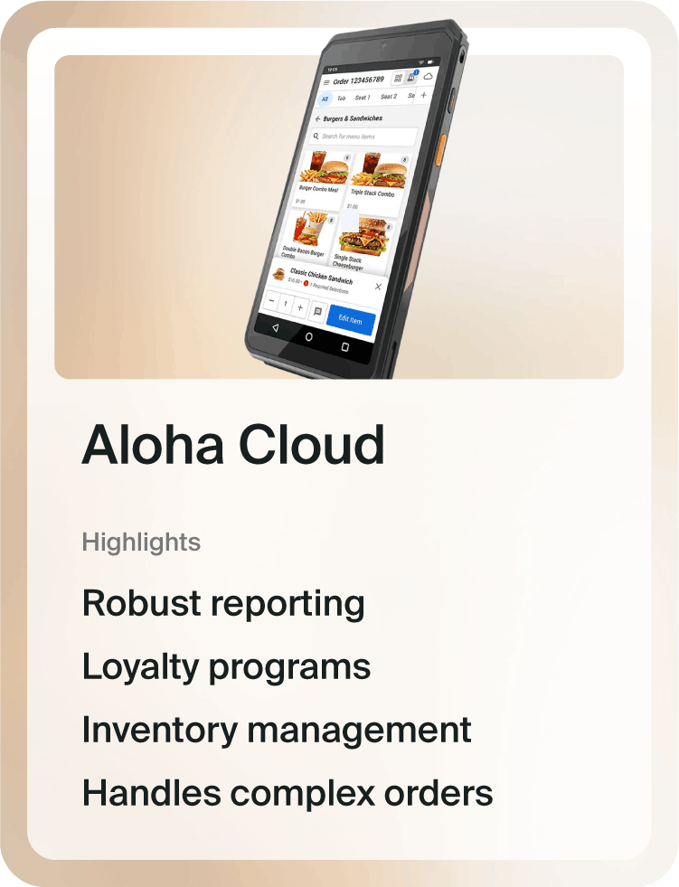 Aloha Cloud POS system highlights.