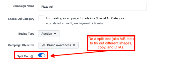 how to set up a split test on Facebook