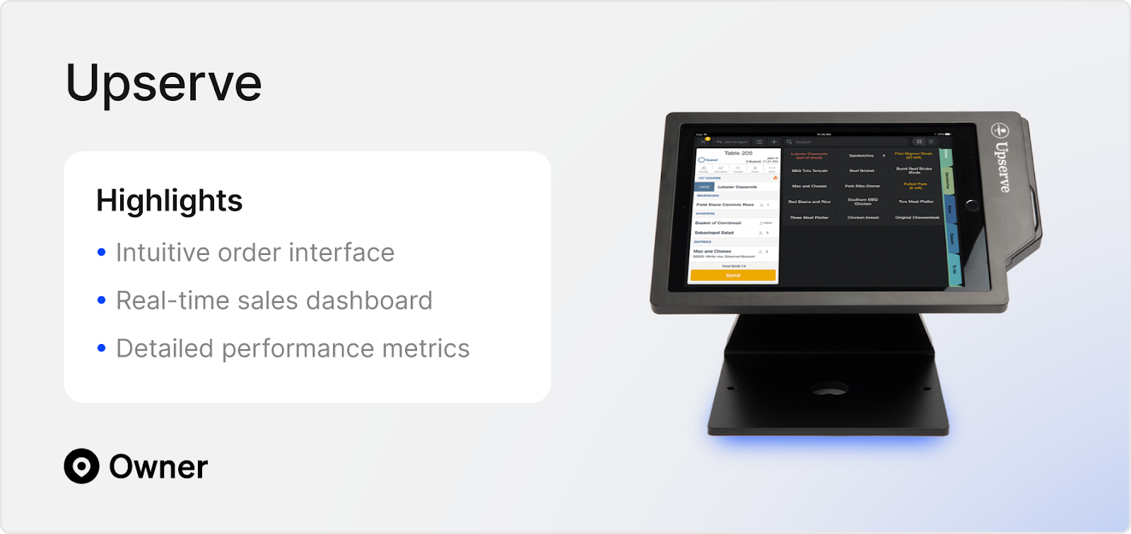 Three key features of the Upserve software from Lightspeed, highlighting intuitive design, real-time data, and reporting.