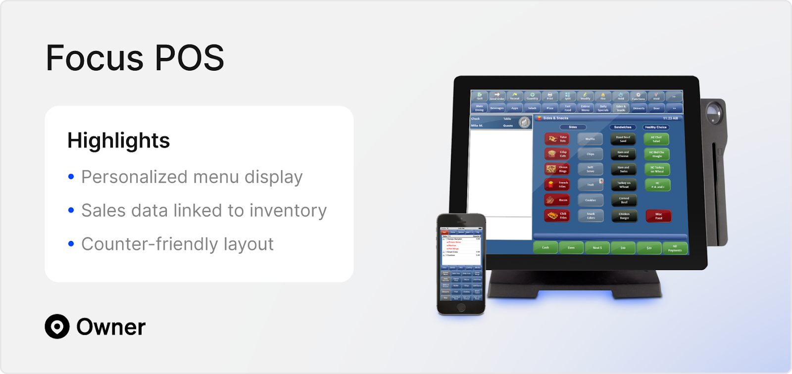 Focus POS interface showing inventory features and upsell tools for coffee shops.