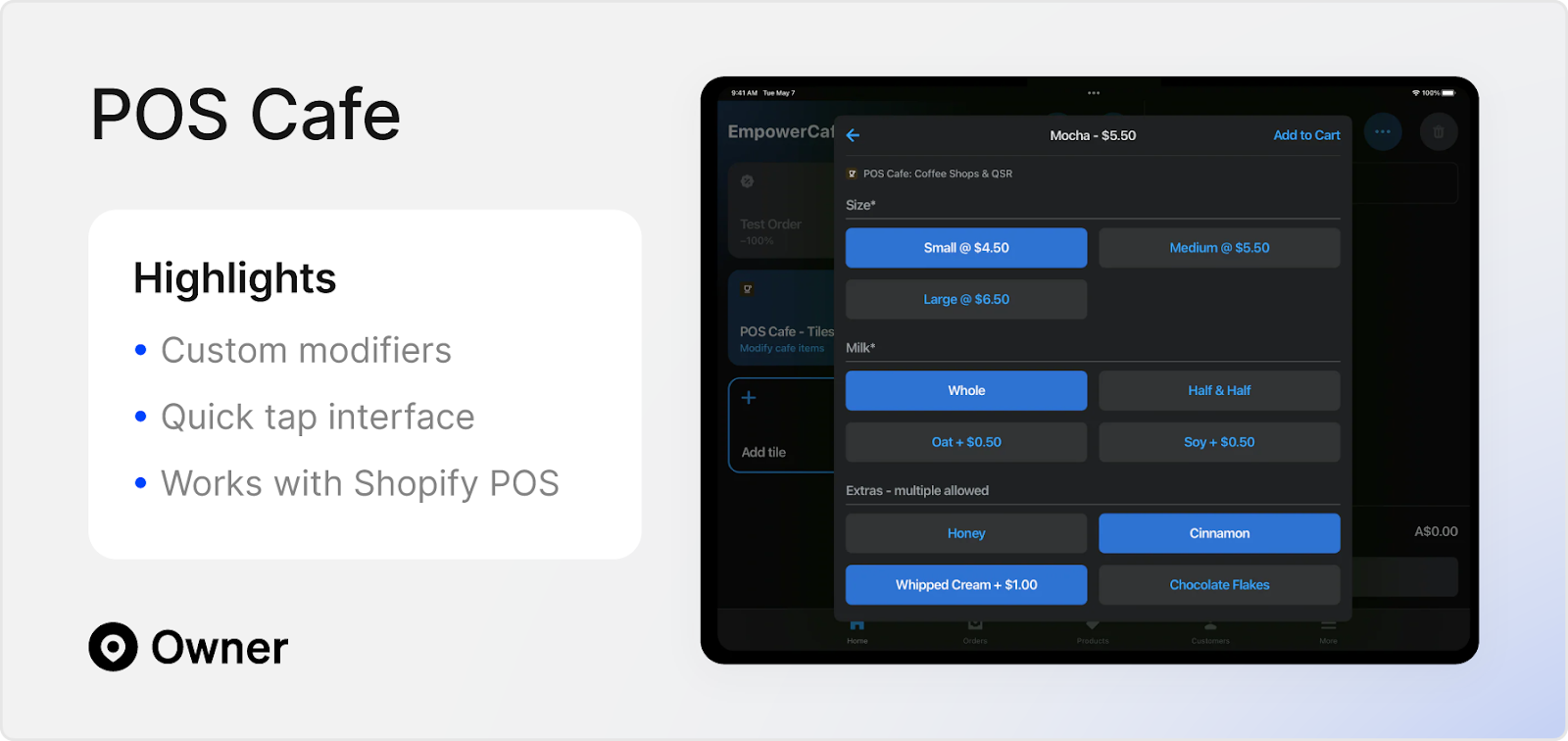 POS Cafe software product screenshot with highlights like custom modifiers, quick tap interface and integrates with Shopify POS