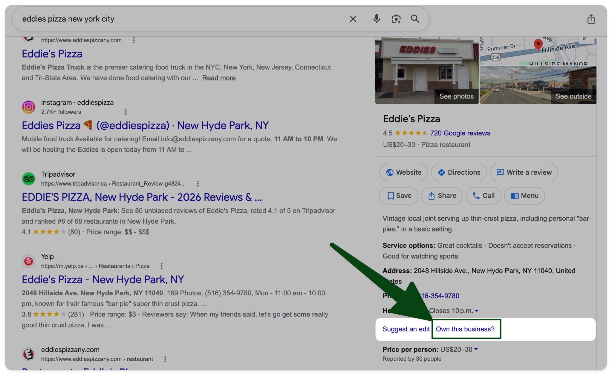 Google search result for a pizza restaurant with an arrow pointing to the “Own this business?” link used to claim the listing\