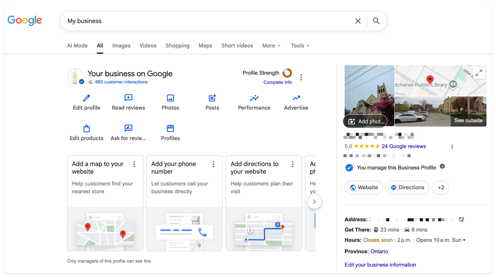 Searching “my business” on Google opens the Business Profile dashboard with Edit profile, Photos and Performance shortcuts