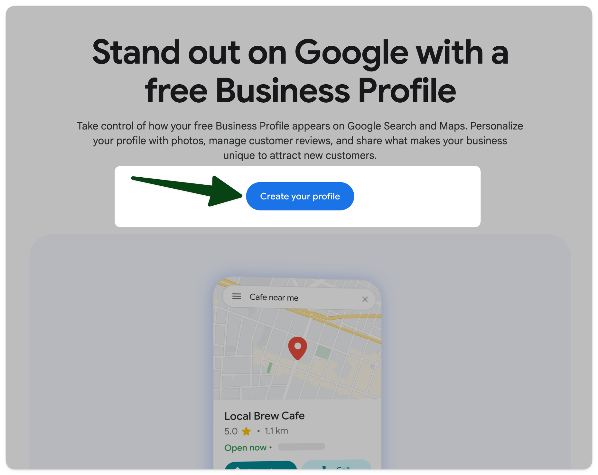 Google Business Profile sign-up page with an arrow pointing to the blue “Create your profile” button