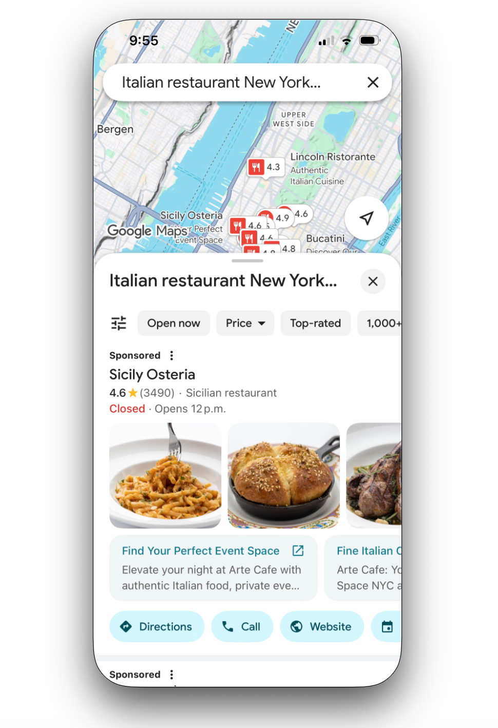 Google Maps on mobile showing a sponsored Italian restaurant listing with rating, photos and a Directions button