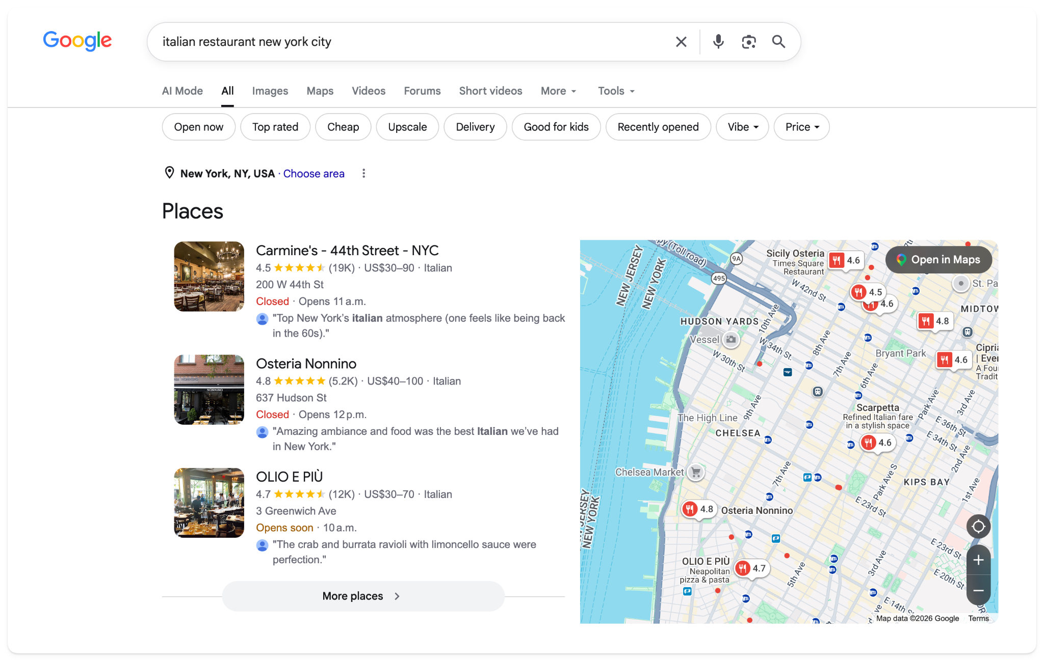 Google search results for “italian restaurant new york city” showing the local Map Pack with three restaurants and ratings