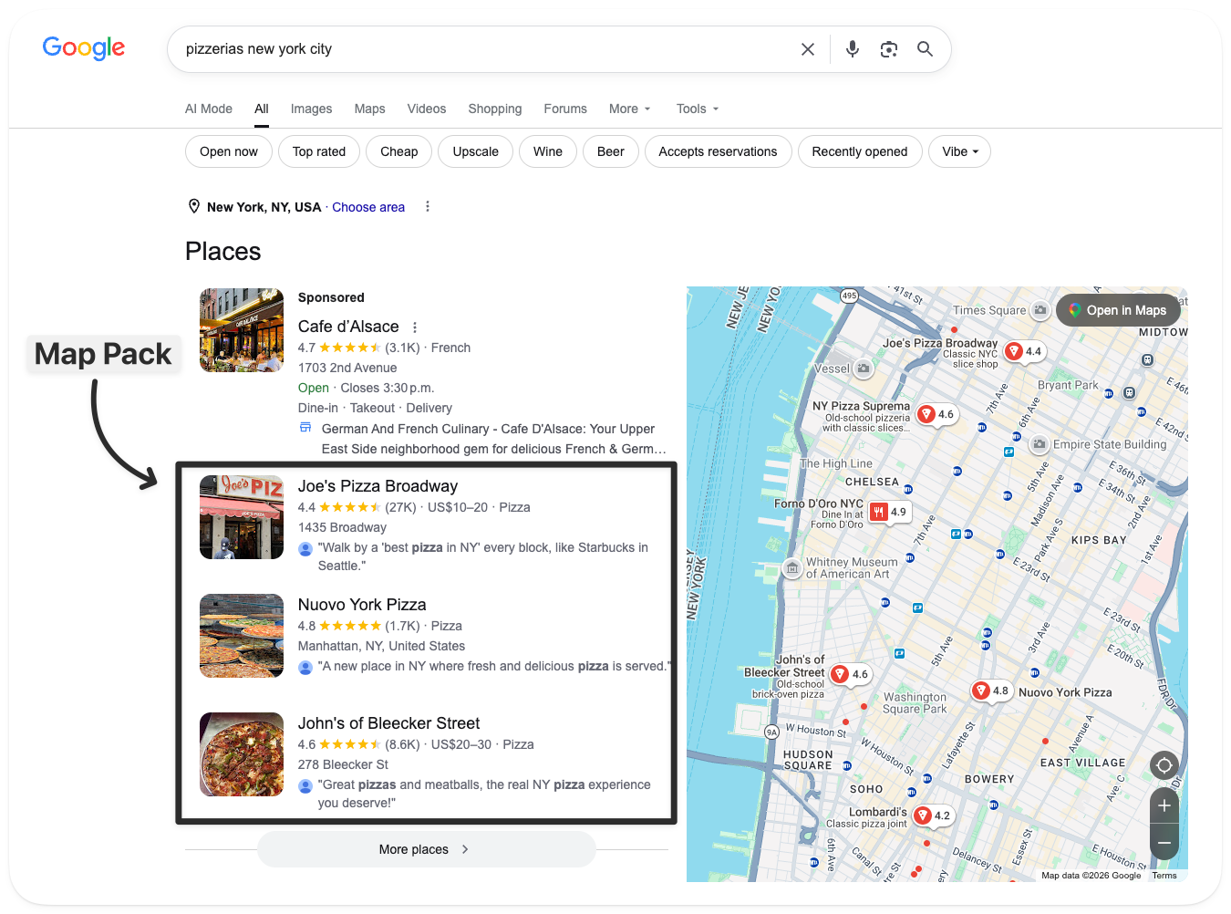 Google search results for “pizzerias new york city” showing the example of the search result’s Map Pack.