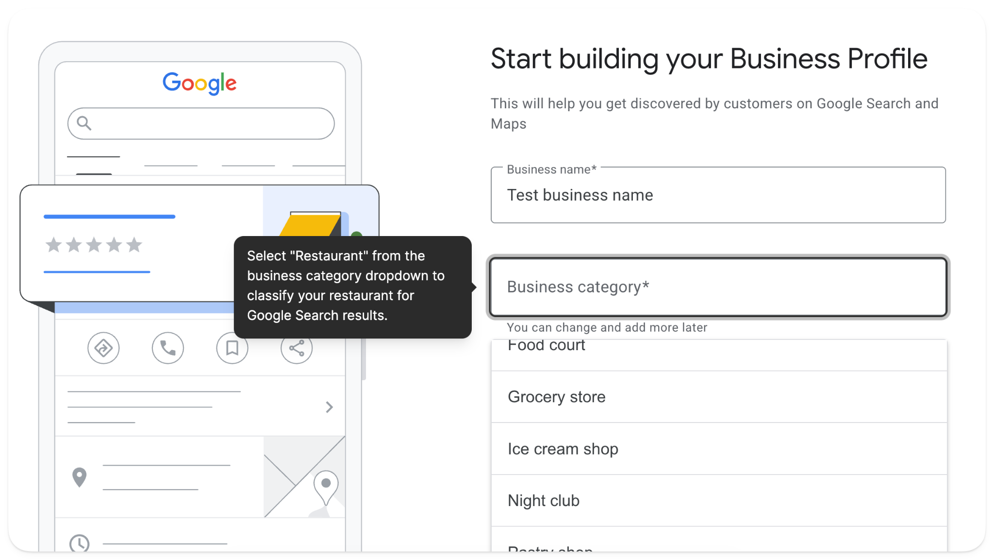 Business Profile setup screen with the business category dropdown open, showing options like restaurant and ice cream shop