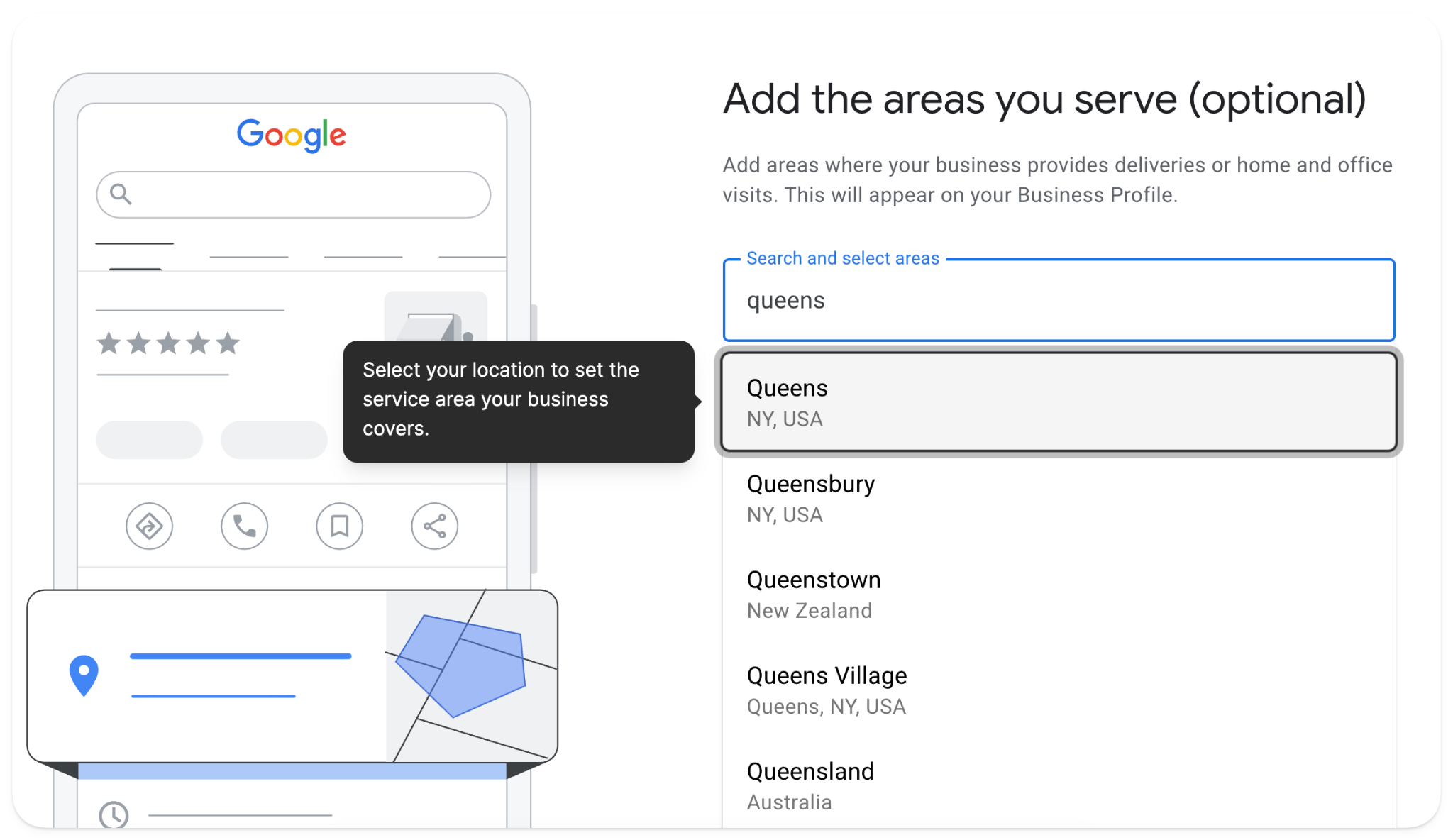 Adding service areas in Google Business Profile setup, with “queens” typed into the search and location suggestions listed