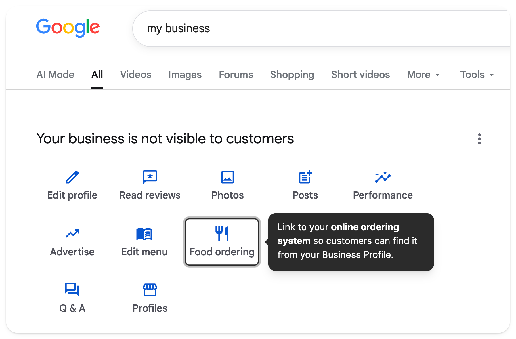 Google Business Profile dashboard with the “Food ordering” button highlighted for linking an online ordering system