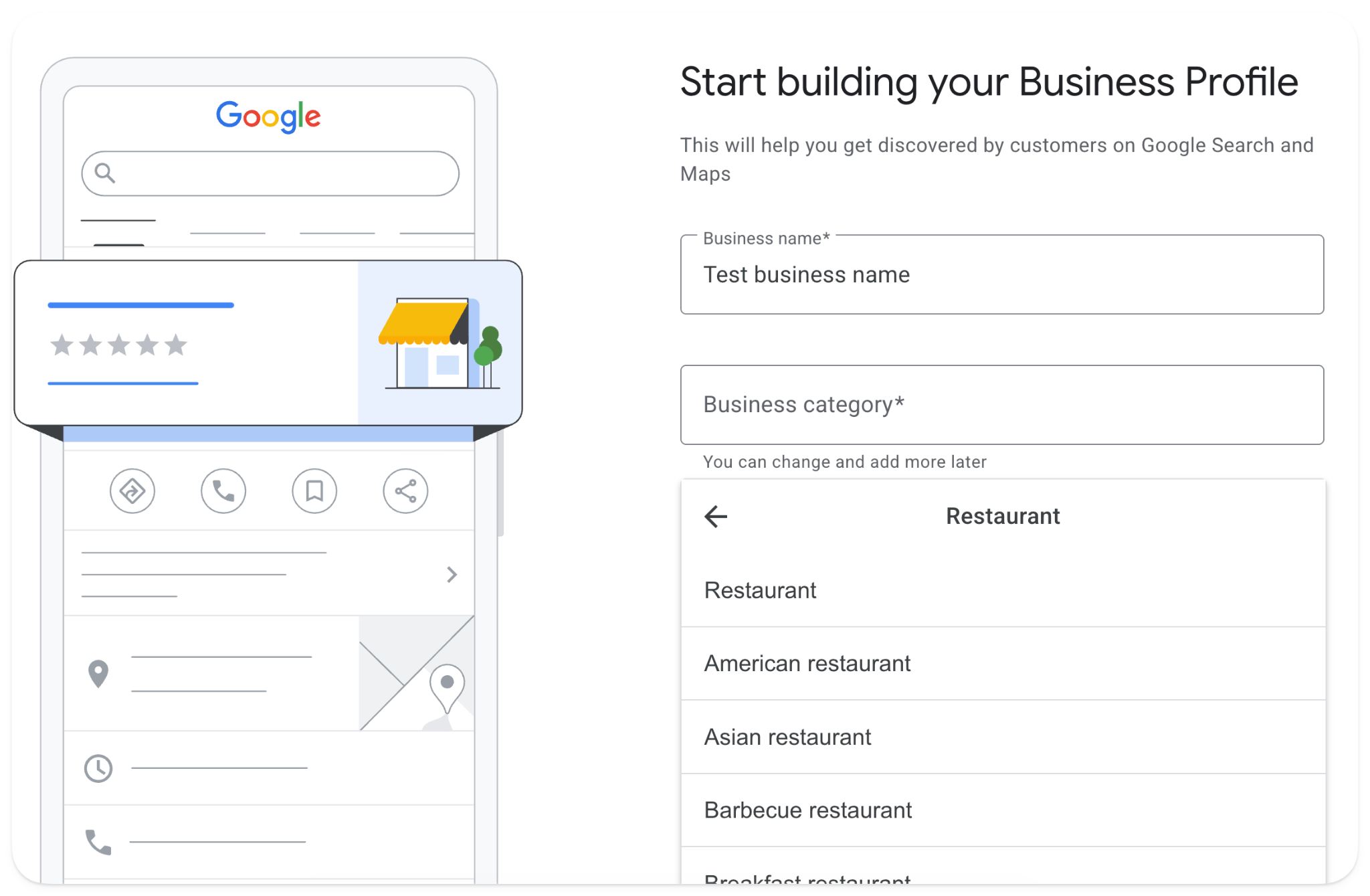 Google Business Profile category picker showing restaurant subcategories including American, Asian and barbecue restaurant