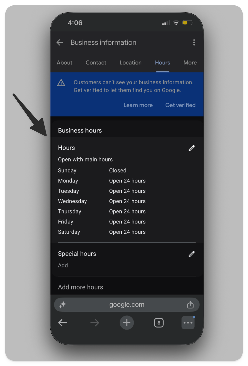 Google Business Profile business hours screen on mobile showing daily opening hours plus special hours for holidays