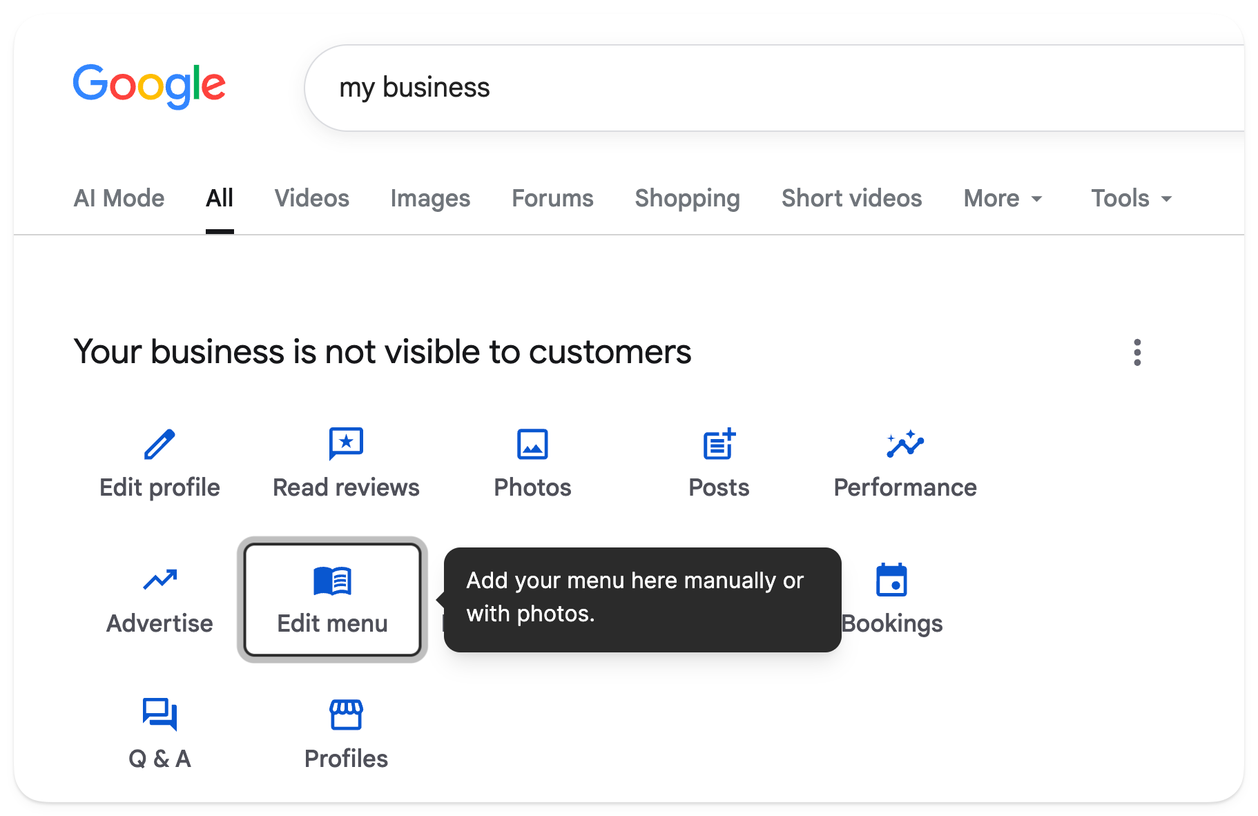 Google Business Profile dashboard with the “Edit menu” button highlighted for adding menu items manually or by photo