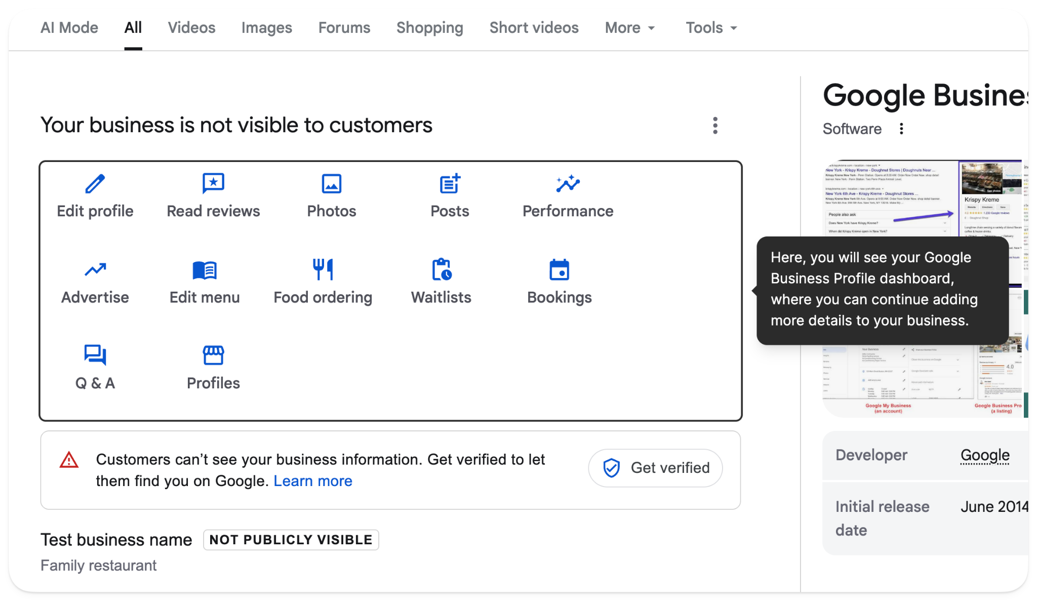 Unverified Google Business Profile dashboard showing a “Get verified” prompt and the business marked not publicly visible