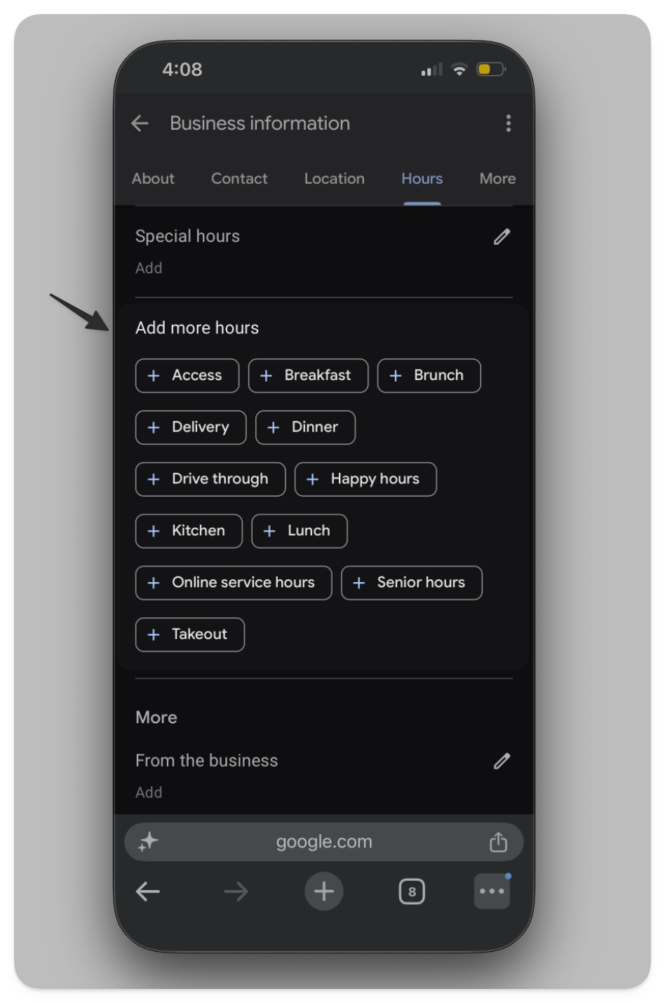 “Add more hours” options in Google Business Profile, with tags for breakfast, brunch, delivery, drive-through and happy hour