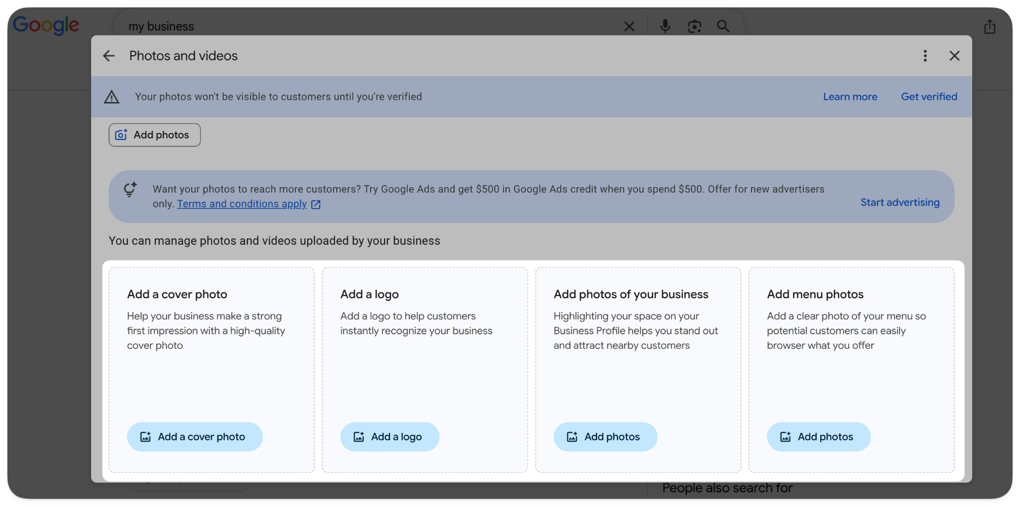 Photos and videos section of Google Business Profile with options to add a cover photo, logo, business photos and menu photos