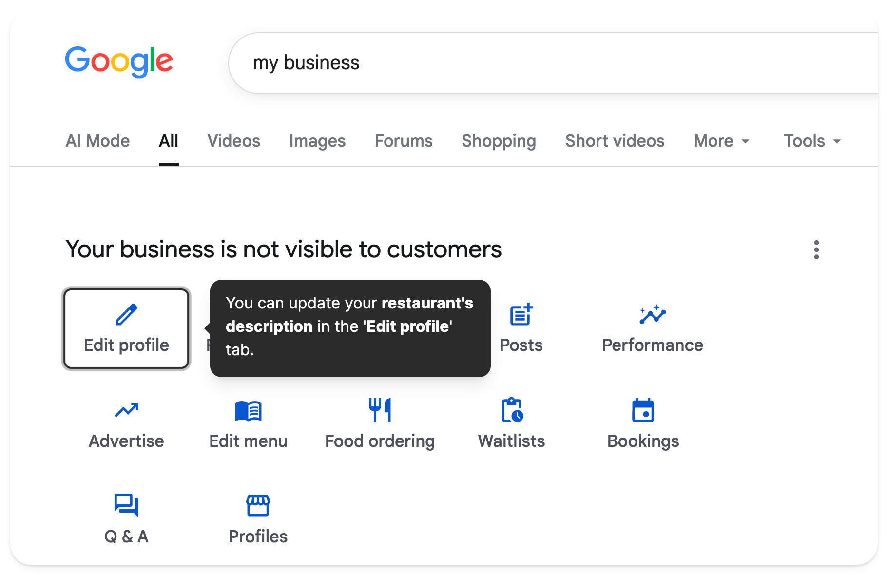 Google Business Profile dashboard with the “Edit profile” button highlighted for updating the restaurant description
