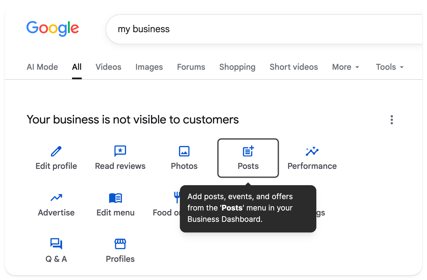 Google Business Profile dashboard with the “Posts” button highlighted for sharing restaurant updates, events and offers